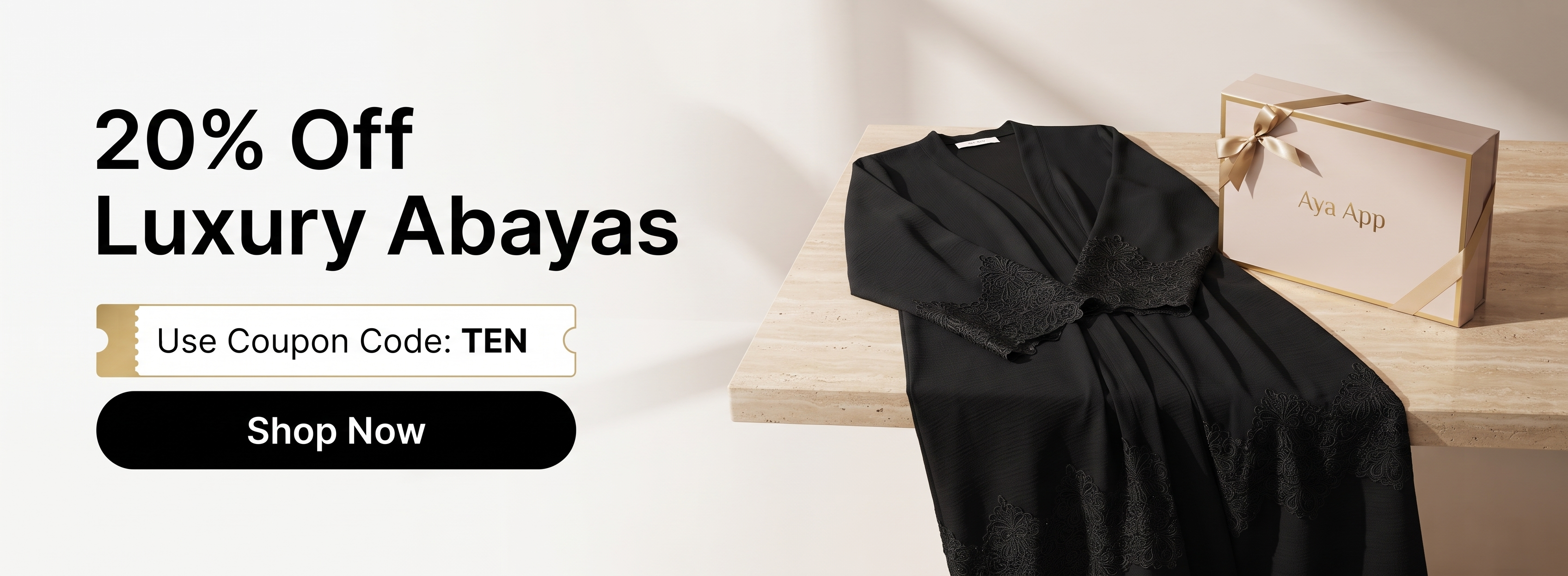 Aya App coupon code (TEN) for 20% off luxury black crepe abayas, embroidered sheilas, and modest wear in 2026.